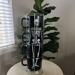 Wicked Halloween Skeleton Set of Four Stacking Ceramic Mugs in the Wire Frame